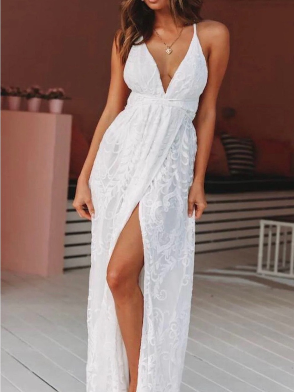 Hello Molly White Lace Plunge Maxi Dress with High Slit